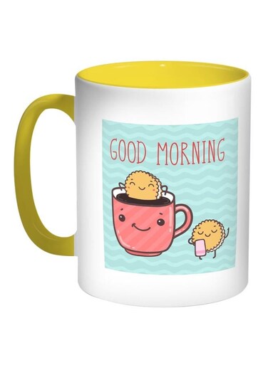 Good Morning Printed Coffee Mug Blue/White/Yellow 11ounce
