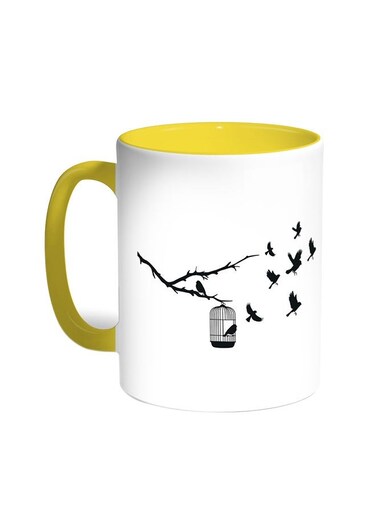 Freedom Of Birds Printed Coffee Mug Yellow/White 11ounce