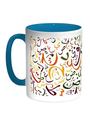 Arabic Letters Printed Coffee Mug Blue/White/Orange 11ounce
