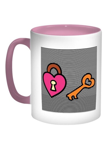 Lock And key Printed Coffee Mug Pink/White/Orange 11ounce