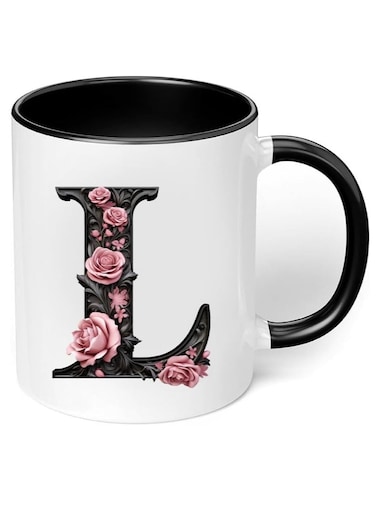 RYN&reg; Ceramic Coffee Mug with Initial Design Printed Gift for Coffee and Tea Lovers 11 Oz alphabet L