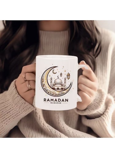 Ramadan Mubarak Ceramic Mug - Insulated White Cup with Golden Crescent Moon &amp; Mosque Design, Reusable Hand Wash Only, Ideal Gift