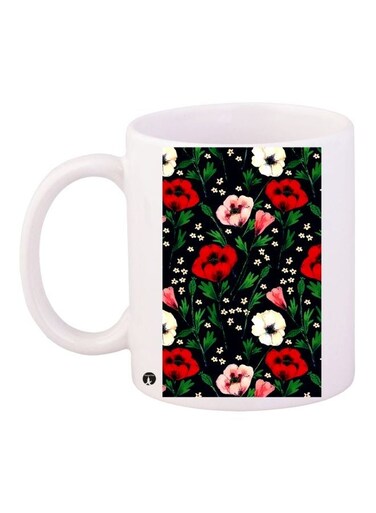 Flower Printed Coffee Mug White/Green/Red 11ounce