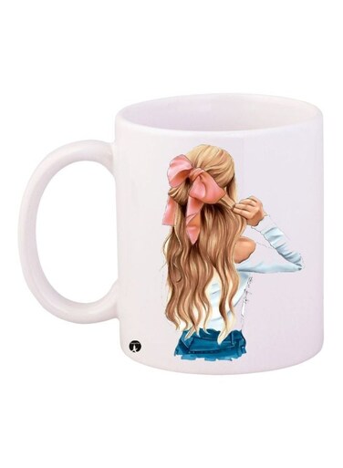 Girl With Bow Tie Printed Coffee Mug White/Beige/Pink 11ounce