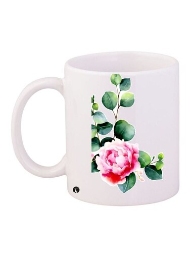 Rose Printed Coffee Mug White/Green/Pink 11ounce