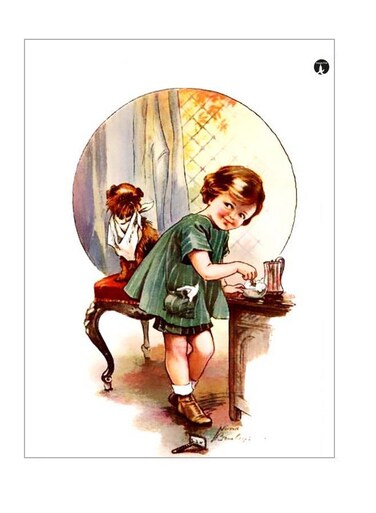 Child With Dog Themed Metallic Plate Green/Brown/Yellow 20x15cm