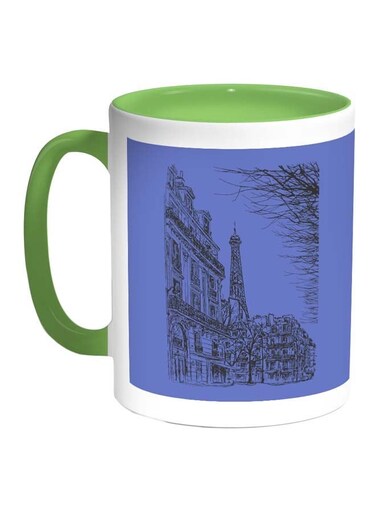 Drawing Of Paris Printed Coffee Mug Blue/White/Green 11ounce