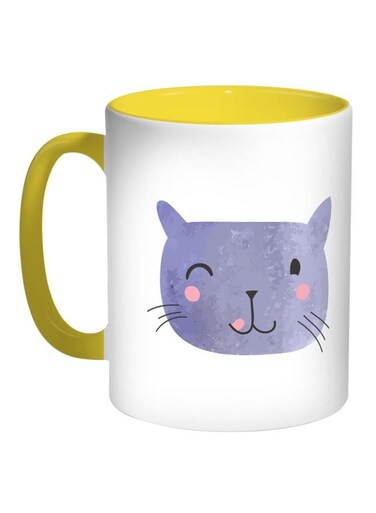 Happy Cat Printed Coffee Mug Blue/White/Yellow 11ounce