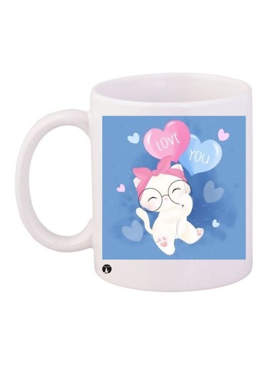 Spectacled Cat Printed Coffee Mug White/Blue/Pink 11ounce