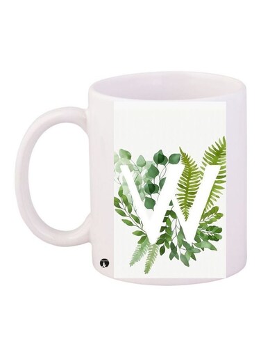 Letter W With Leaf Printed Coffee Mug White/Green 11ounce