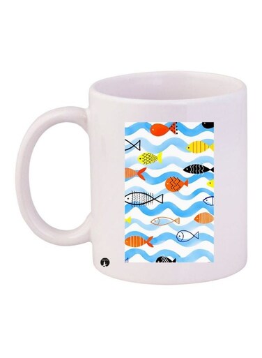 Fish Printed Coffee Mug White/Blue/Yellow 11ounce