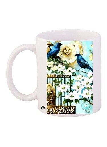 Floral Printed Coffee Mug White/Blue/Green 11ounce