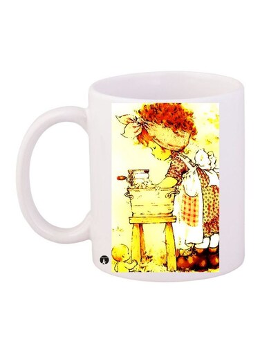 Cartoon Girl Printed Coffee Mug White/Yellow/Brown