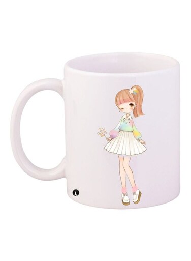 Cartoon Girl Printed Coffee Mug White/Brown/Beige 11ounce