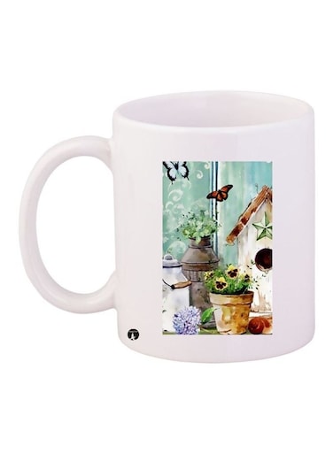Floral Printed Coffee Mug White/Blue/Green 11ounce