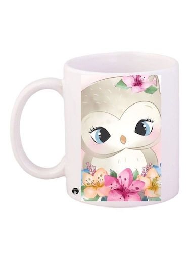 Owl Printed Coffee Mug White/Brown/Pink 11ounce