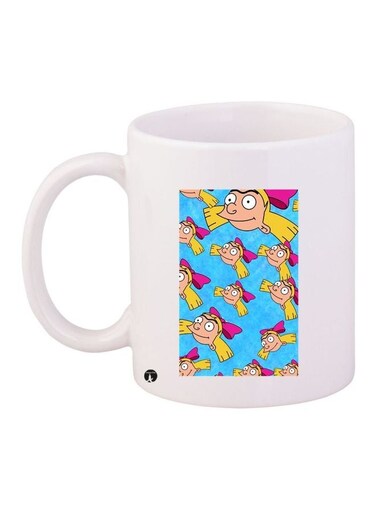Cartoon Printed Coffee Mug White/Blue/Pink 11ounce