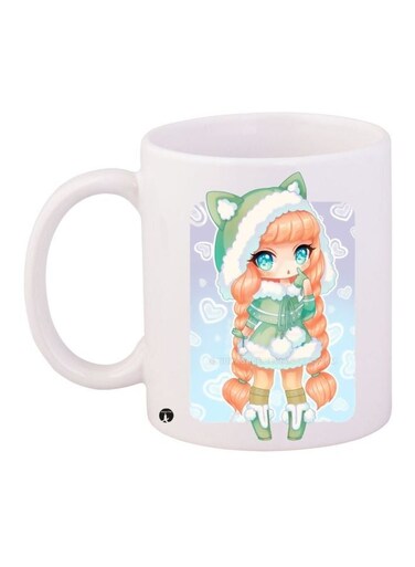 Anime Girl Printed Coffee Mug White/Blue/Green 11ounce