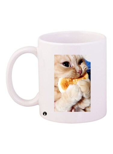 Cat Printed Coffee Mug White/Beige/Yellow 11ounce