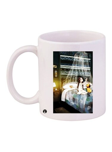 Girl With Dog Printed Ceramic Coffee Mug White/Blue/Yellow 11ounce