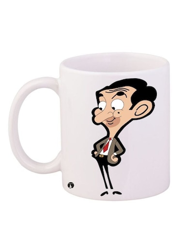 Mr Bean Cartoon Printed Ceramic Coffee Mug White/Black/Beige 11ounce