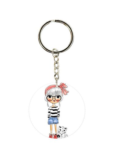 Animated Girl With Cat Printed Keychain