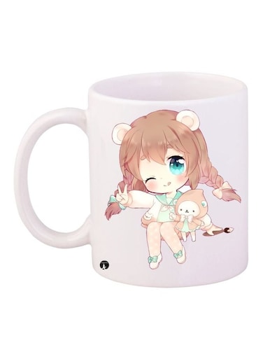 Cartoon Girl Printed Coffee Mug White/Beige/Blue 11ounce