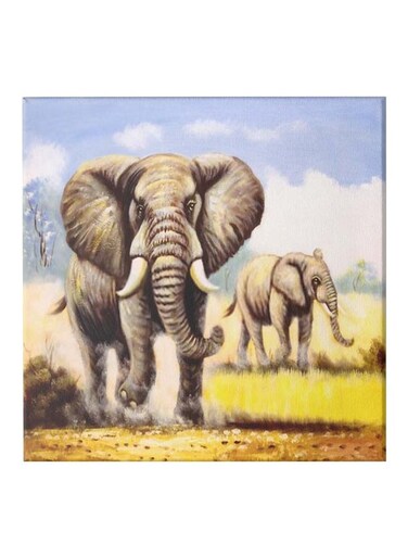 Elephant Themed Canvas Wall Painting With Frame Grey/Blue/Yellow 50x50cm