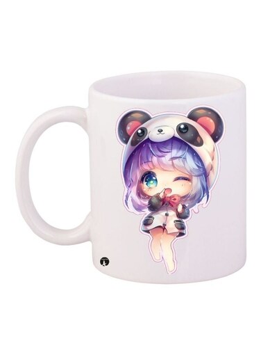 Panda Girl Printed Coffee Mug White/Purple/Beige 11ounce