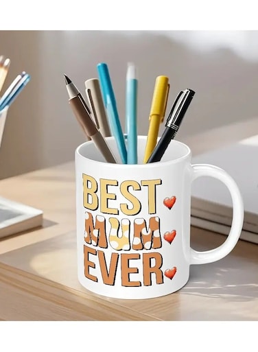 11oz "BEST MUM EVER" Ceramic Coffee Mug with Colorful Pen Holder - Stylish &amp; Heartfelt Gift for Mother's Day, Valentine's, , Dual-Sided Printd