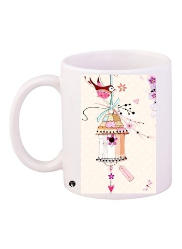 Bird House Printed Coffee Mug White/Beige/Pink 11ounce