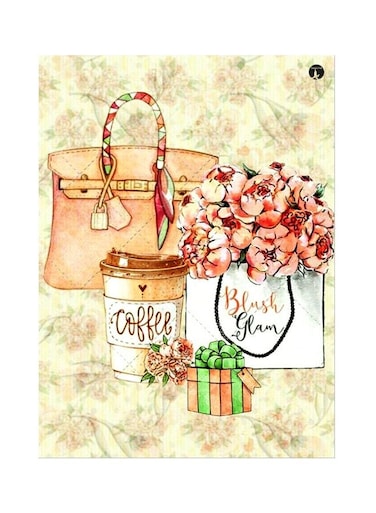 Flowers Coffee Gift Themed Metallic Plate Beige/Pink/White 20x15cm