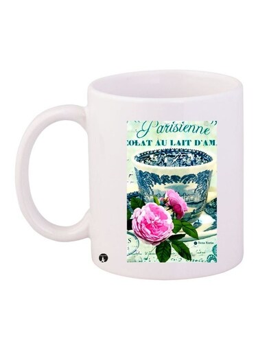 Flower Printed Coffee Mug White/Green/Pink 11ounce