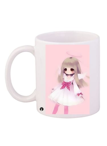 Anime Girl Printed Ceramic Coffee Mug White/Pink/Beige 11ounce