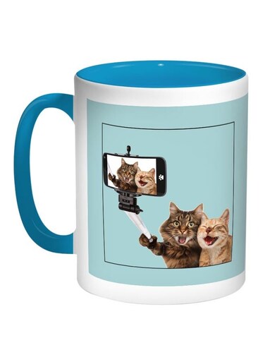 Cat Printed Coffee Mug Blue/White/Brown 11ounce