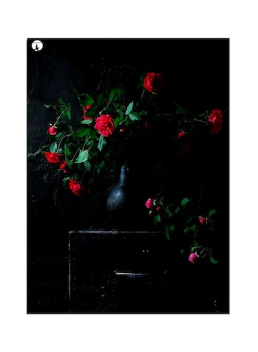 Rose Themed Decorative Metallic Plate Black/Red/Green 20x15cm