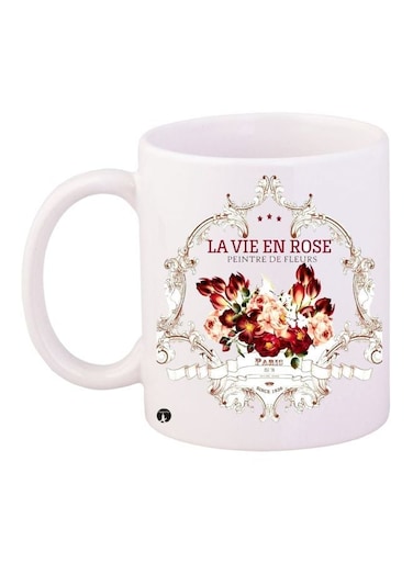 La Vie En Rose Printed Coffee Mug White/Red/Beige 11ounce