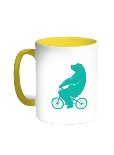 Bear Driving A Bicycle Printed Coffee Mug Yellow/White 11ounce