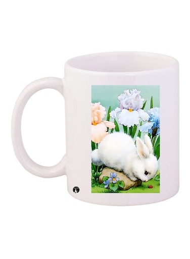 Bunny Rabbit Printed Coffee Mug White/Beige/Blue 11ounce