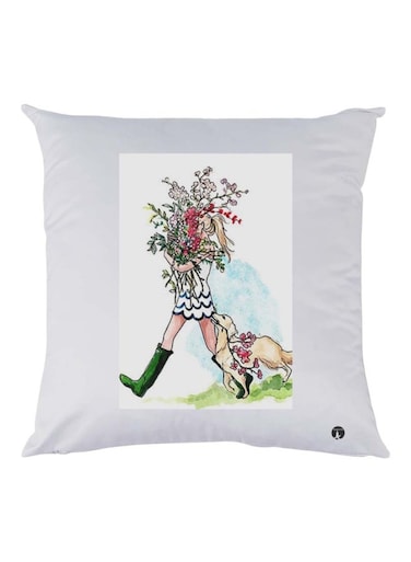 Girl With A Dog Printed Cushion polyester White/Green/Beige 30x30cm