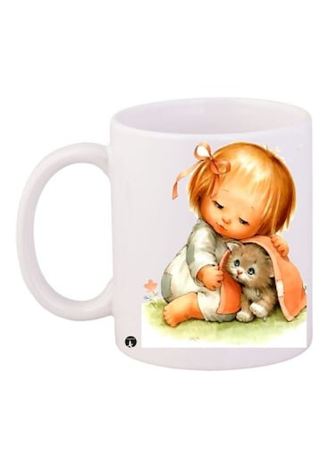 Baby And Kitten Printed Coffee Mug White/Grey/Yellow 11ounce