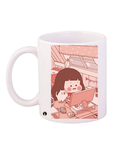 Cartoon Printed Coffee Mug White/Beige/Pink 11ounce