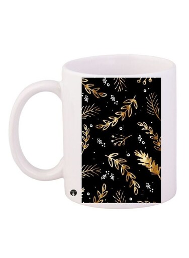 Leaf Printed Coffee Mug White/Black/Gold 11ounce