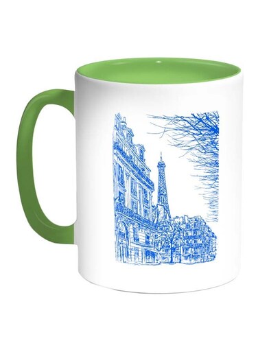 Drawing Of Paris Printed Coffee Mug Blue/White/Green 11ounce
