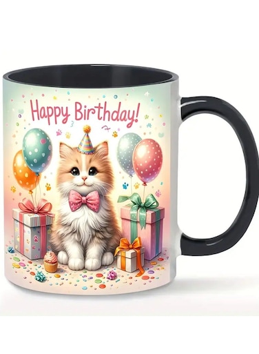 RYN&reg; Happy Birthday Cat 11oz Porcelain Mug - Perfect for Coffee, Milk, Juice   Ideal Gift for Couples, Spouses, Girlfriends, Boyfriends on Valentine's Day, Christmas &amp; More