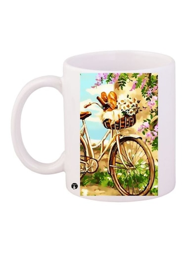 Bicycle Printed Coffee Mug White/Green/Beige 11ounce