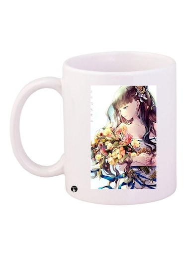Cartoon Girl With Flowers Printed Coffee Mug White/Blue/Yellow 11ounce