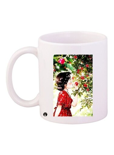 Girl In Garden Printed Coffee Mug White/Red/Green 11ounce