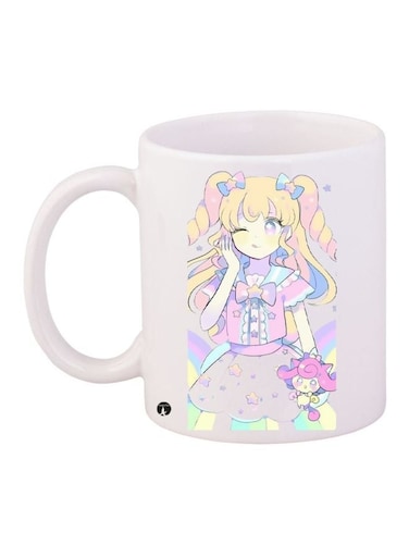 Cartoon Girl Printed Coffee Mug White/Pink/Yellow 11ounce