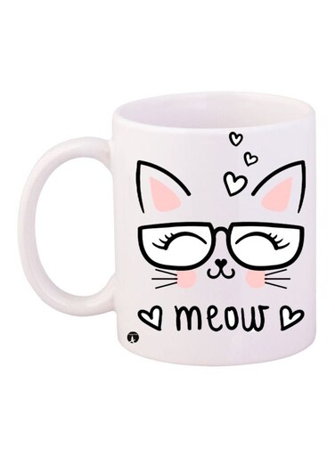 Meow Printed Coffee Mug White/Beige/Black 11ounce